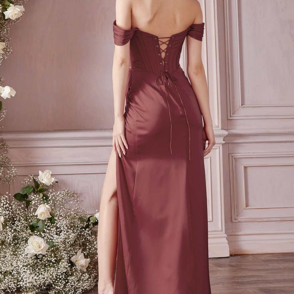 ROSEWOOD COLOR  PROM PARTY EVENING OFF SHOULDER CORSET SOFT SATIN DRESS CD 7484 - Picture 4 of 8